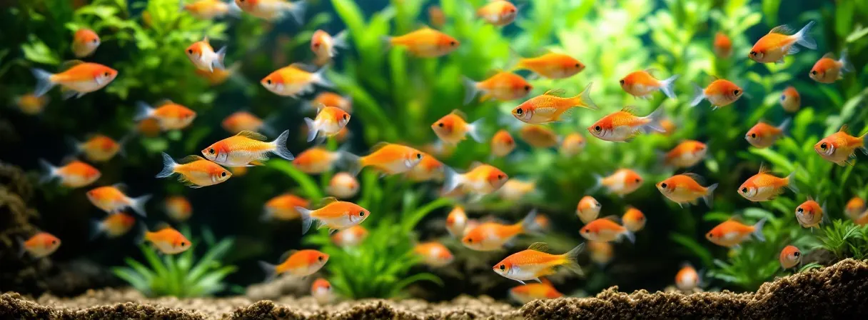 Schwarm Rotkopfsalmler in einem dicht bepflanzten Aquarium