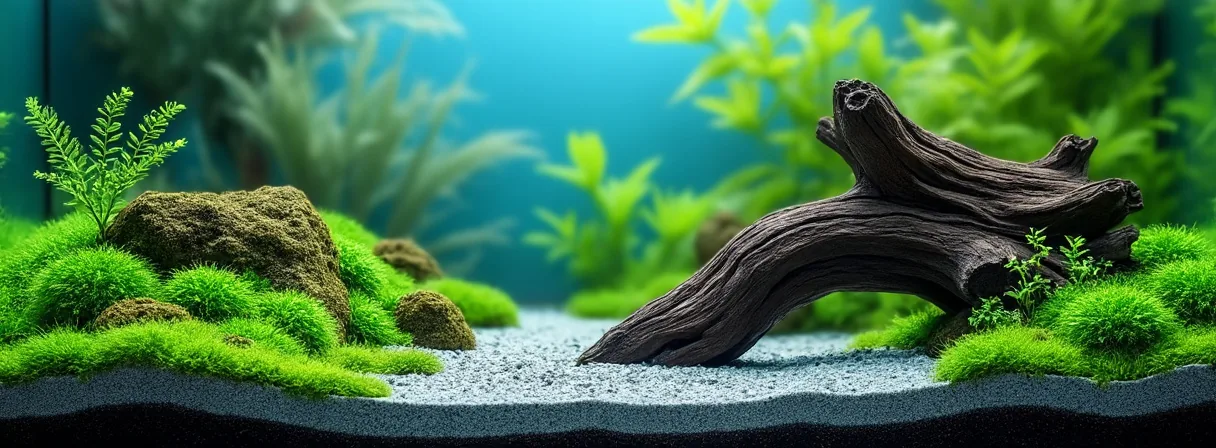Aquascape mit Wurzelholz und Moos in klarem Aquarienwasser
