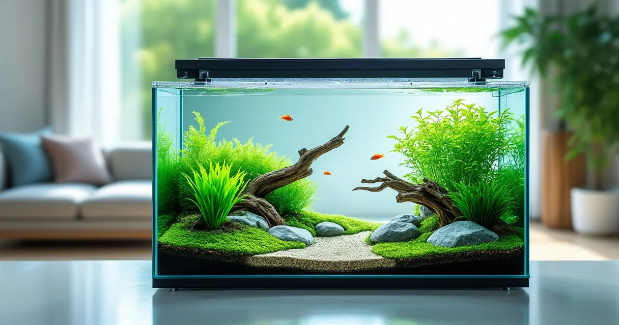 Bepflanztes Süßwasseraquarium mit klarem türkisfarbenem Wasser
