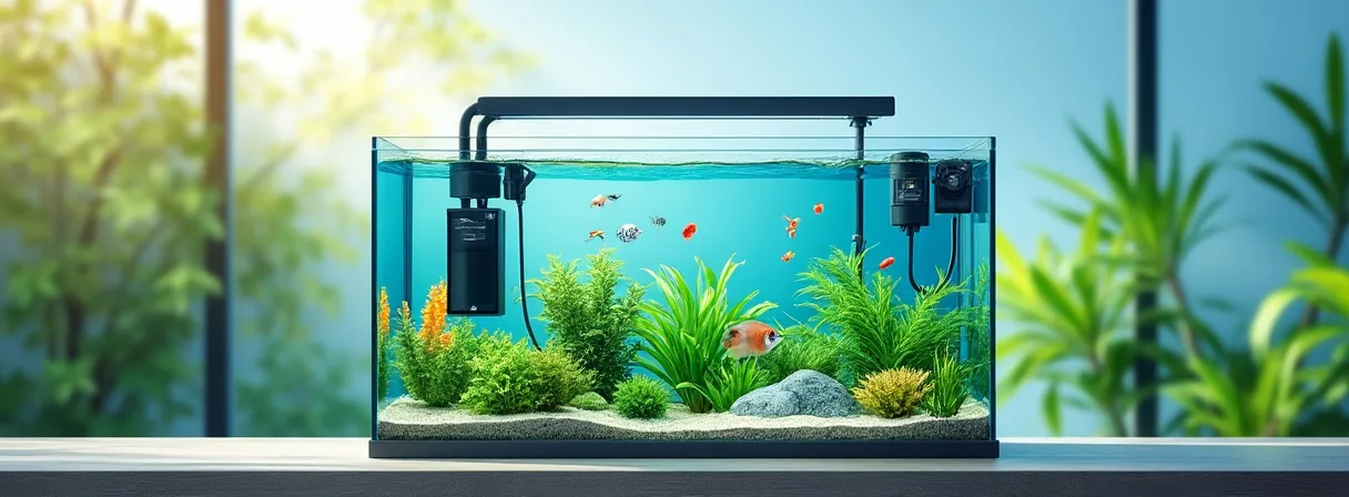 Aquarium-Technik mit Filter und Heizer in einem bepflanzten Becken