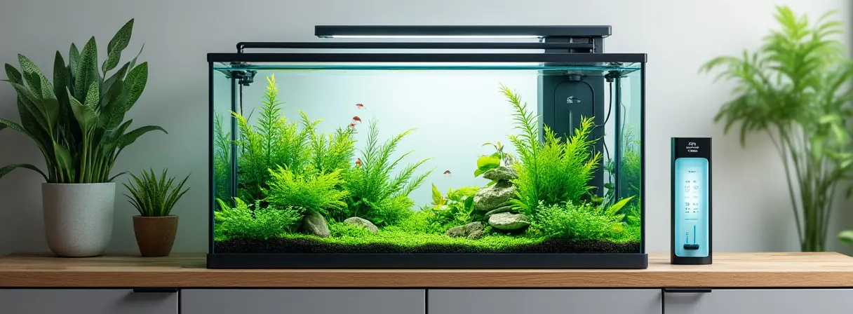 Frisch eingerichtetes, bepflanztes Aquarium mit laufendem Filter