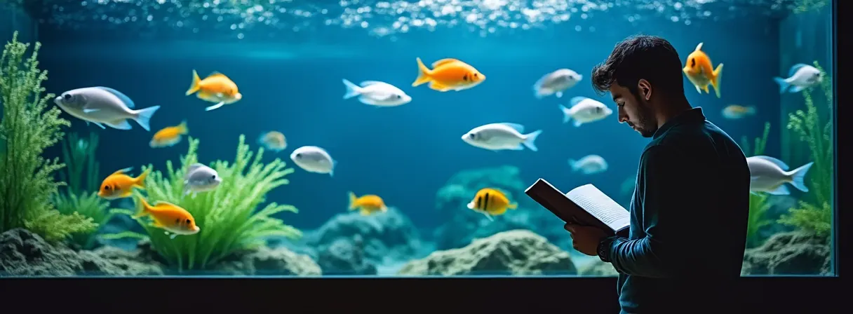Besatzplanung mit Fachliteratur vor dem Aquarium