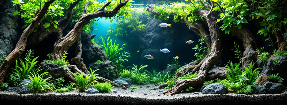 Aquarium mit Wurzeln, Höhlen und Pflanzengruppen als Versteckmöglichkeiten