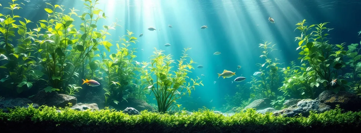 Klares, dicht bepflanztes Aquarium mit Schwimmpflanzen