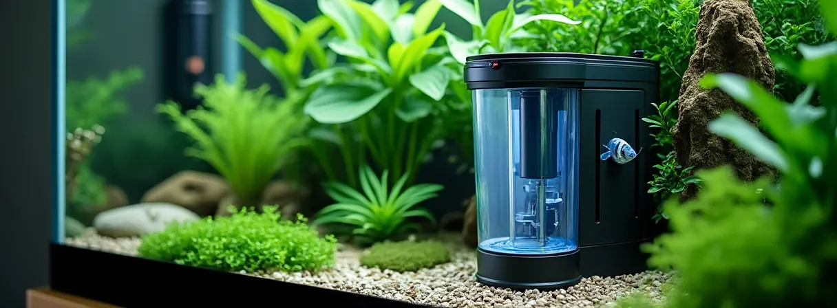 Innenfilter hinter Pflanzen in einem bepflanzten Becken