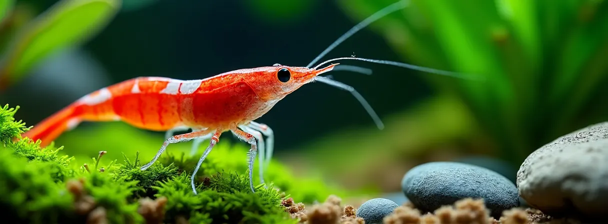 Garnele auf Moos in einem bepflanzten Nano-Aquarium