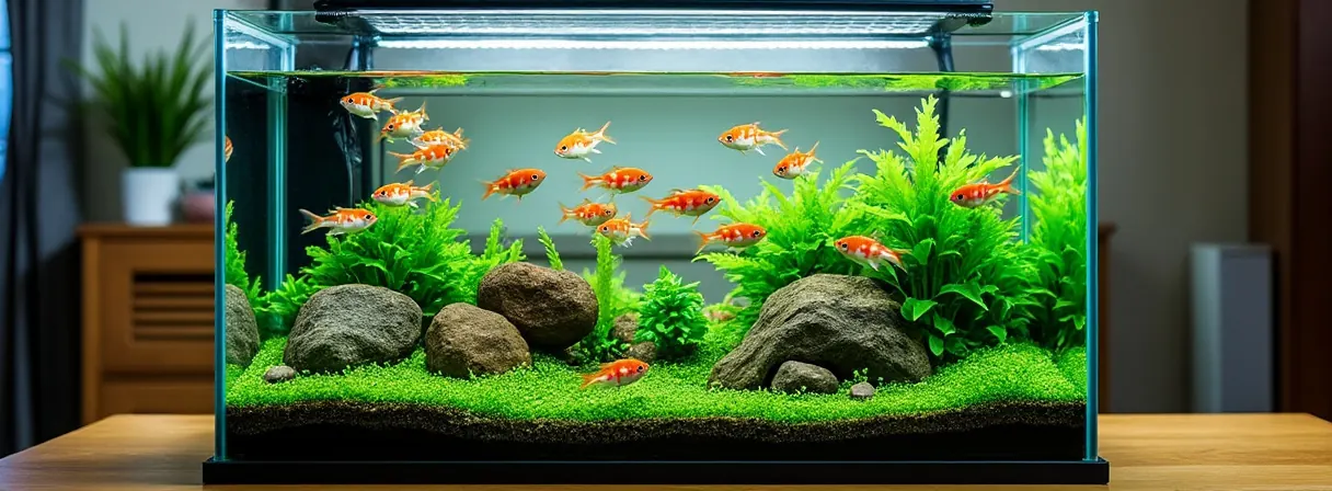 Bepflanztes 60-cm-Standardbecken mit einem Schwarm kleiner Fische