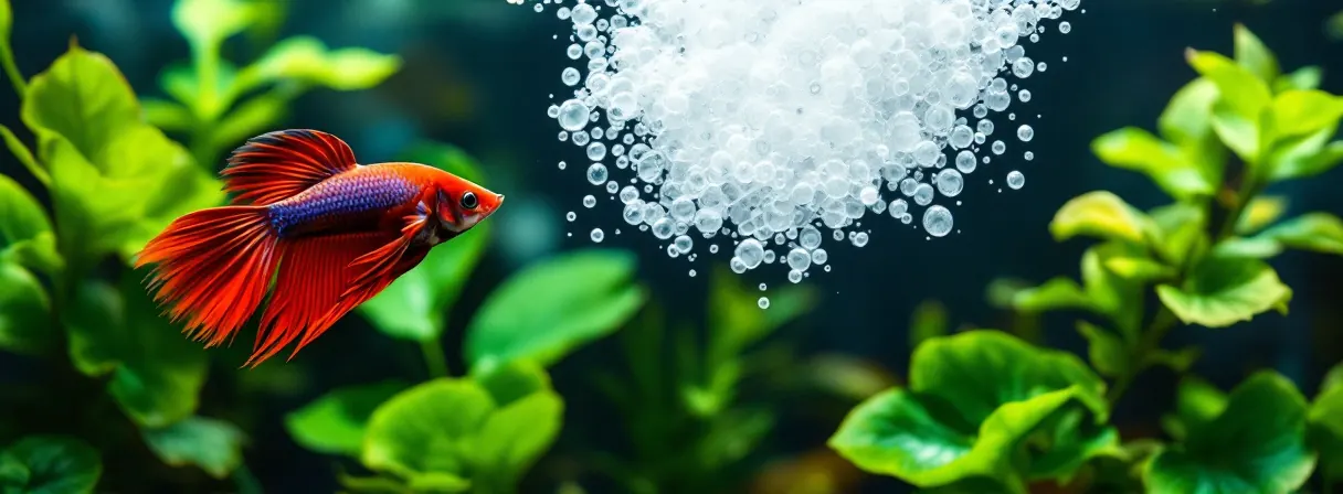 Kampffisch-Männchen unter einem Schaumnest an der Wasseroberfläche