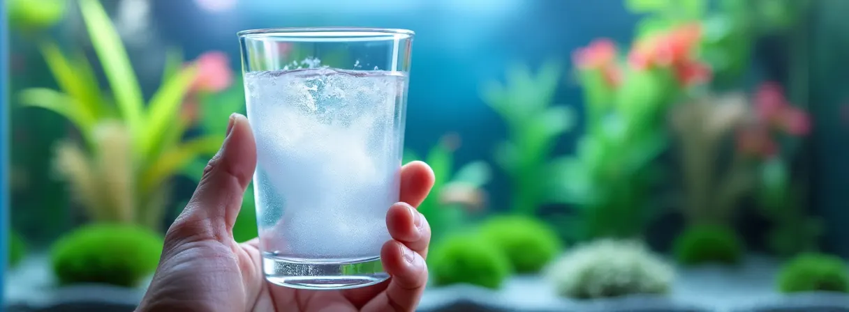 Glas mit milchig-trübem Aquarienwasser vor einem Becken