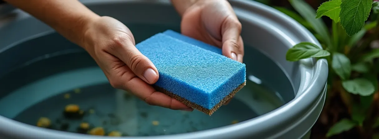 Filterschwamm wird in einem Eimer mit Aquarienwasser ausgedrückt
