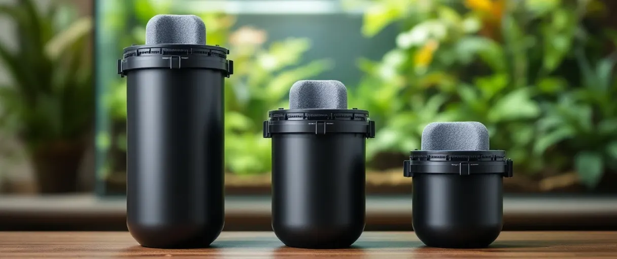 Drei Aquarienfilter unterschiedlicher Größe vor einem bepflanzten Becken