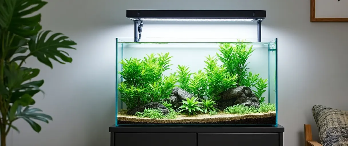 Neu eingerichtetes 60-cm-Aquarium-Set mit LED-Beleuchtung auf einem Unterschrank