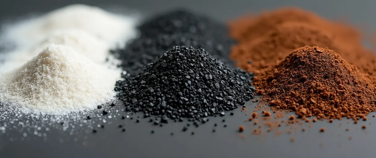 Heller Sand, dunkler Kies und brauner Vulkan-Bodengrund nebeneinander