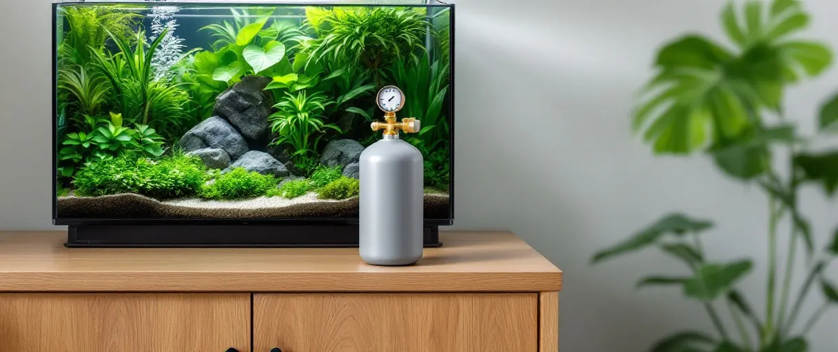 CO2-Flasche mit Druckminderer neben einem Pflanzenaquarium