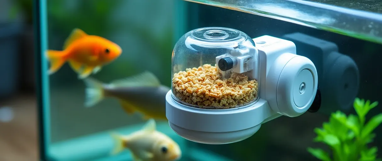 Futterautomat mit Futtertrommel am Rand eines Aquariums