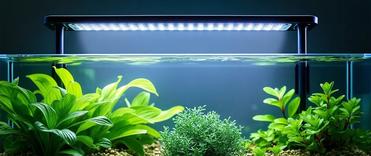 LED-Leuchte auf Haltern über einem bepflanzten Aquarium