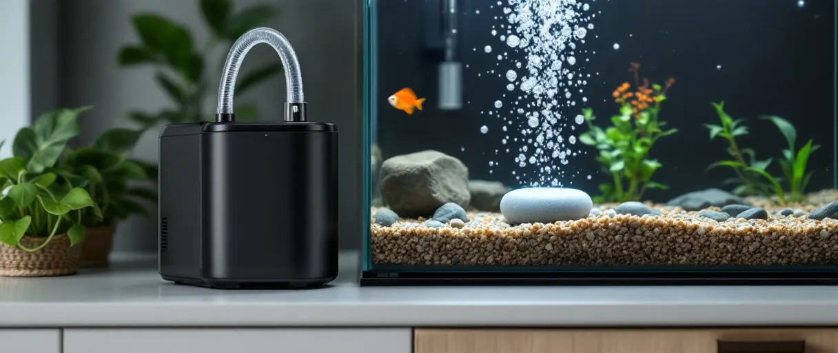 Aquarium-Luftpumpe neben dem Becken, Ausströmer mit Luftblasen im Wasser