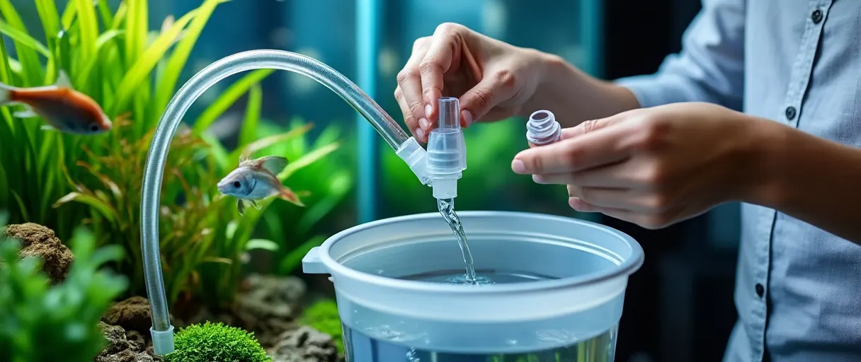 Wasserwechsel mit Schlauch und Eimer an einem bepflanzten Aquarium